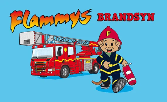 Tecknad bild på brandapan Flammy med en brandsläckare i handen och en brandbil i bakgrunden.